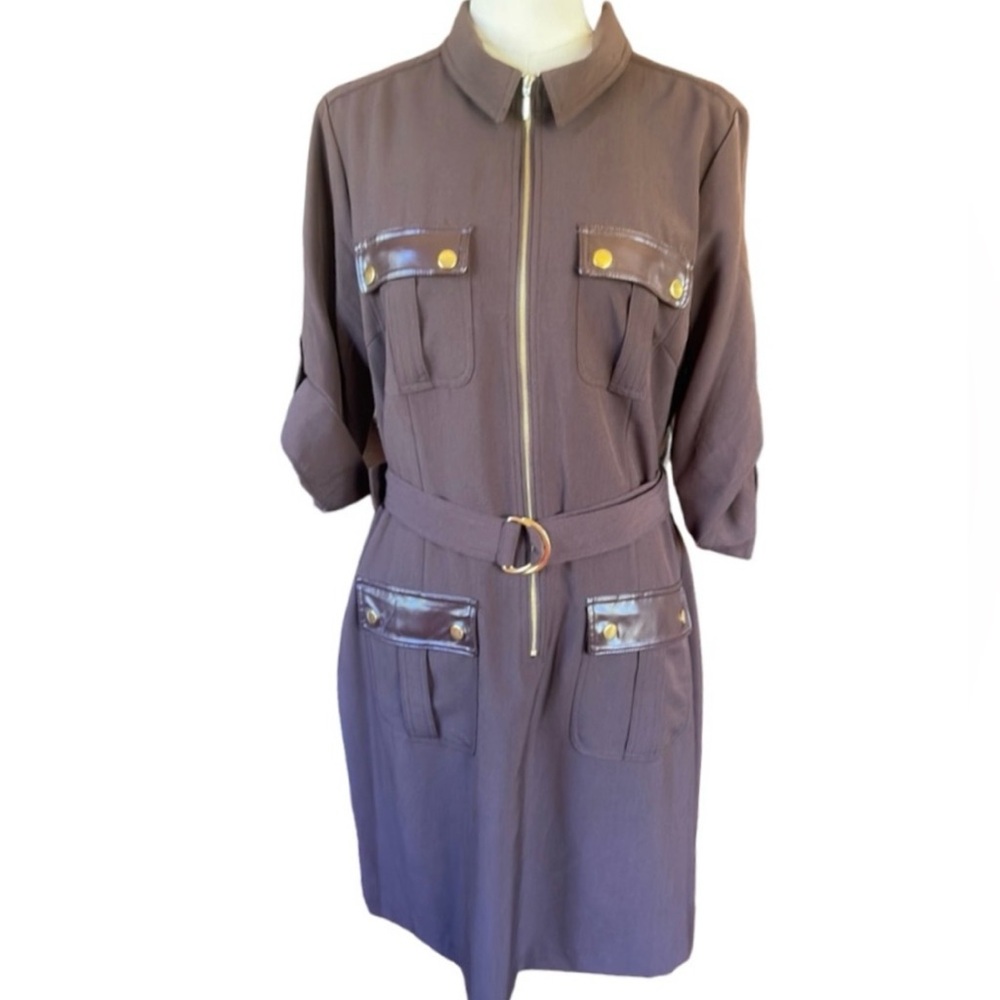 New! SHARAGANO Casual Short Sleeve Espresso Front Zip Dress  Size 14 - Picture 15 of 16